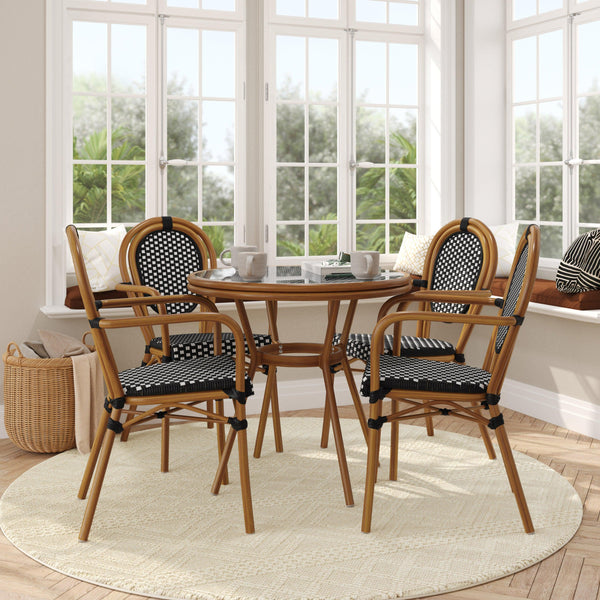 Indoor/Outdoor Commercial Bistro Set with Table and 4 Chairs in Blk/Wht