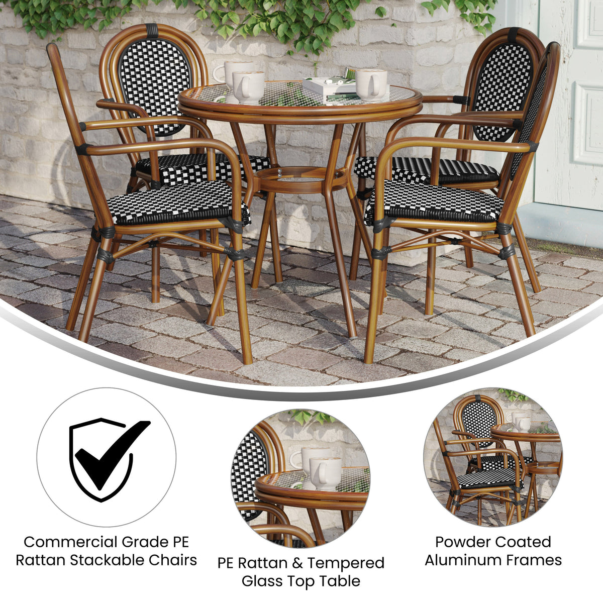 Indoor/Outdoor Commercial Bistro Set with Table and 4 Chairs in Blk/Wht