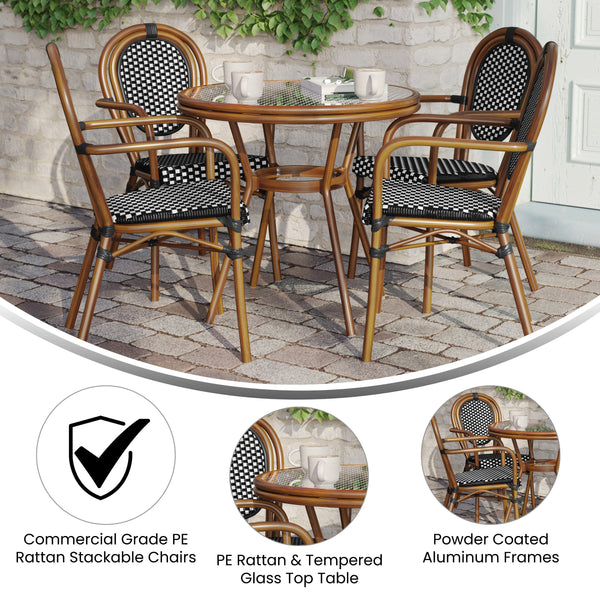 Indoor/Outdoor Commercial Bistro Set with Table and 4 Chairs in Blk/Wht