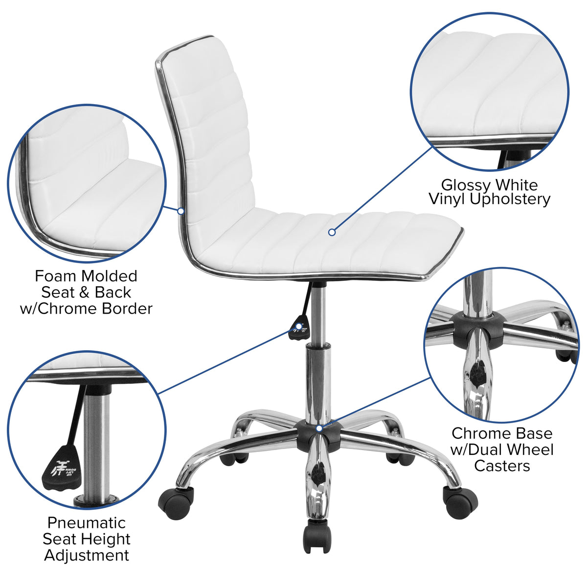 White Vinyl/Chrome Frame |#| Low Back Designer Armless White Ribbed Swivel Task Office Chair - Home Office