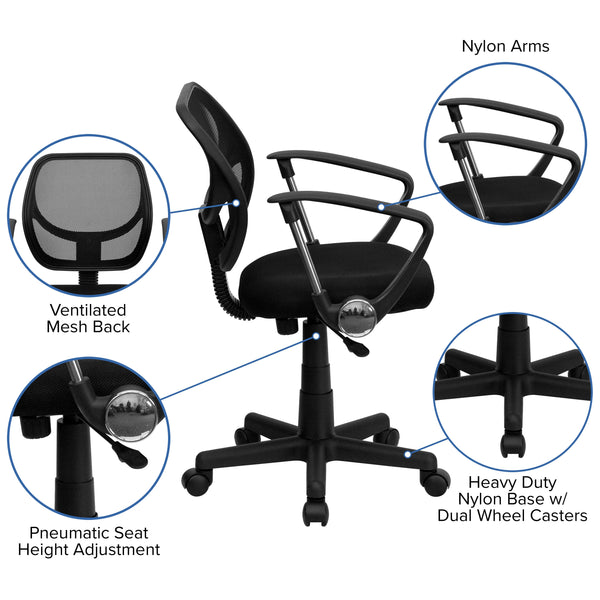 Black |#| Low Back Black Mesh Swivel Task Office Chair with Curved Square Back and Arms