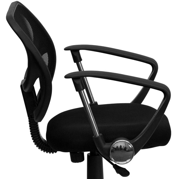 Black |#| Low Back Black Mesh Swivel Task Office Chair with Curved Square Back and Arms