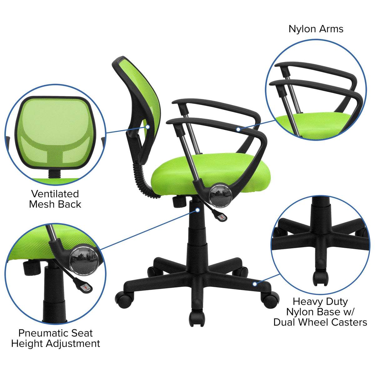 Green |#| Low Back Green Mesh Back Adjustable Height Swivel Task Office Chair with Arms