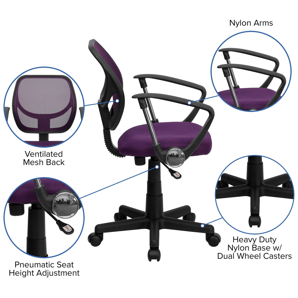 Purple |#| Low Back Purple Mesh Back Adjustable Height Swivel Task Office Chair with Arms