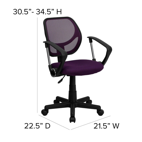 Purple |#| Low Back Purple Mesh Back Adjustable Height Swivel Task Office Chair with Arms