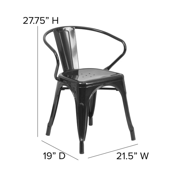 Black/Black |#| All-Weather Metal Stack Chair with Arms and Poly Resin Seat - Black/Black