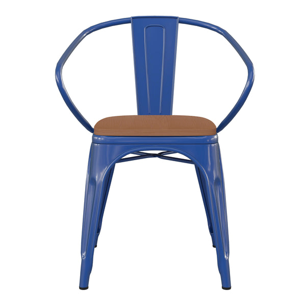 Blue/Teak |#| All-Weather Metal Stack Chair with Arms and Poly Resin Seat - Blue/Teak