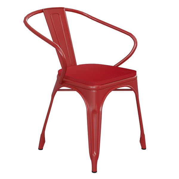 Red/Red |#| All-Weather Metal Stack Chair with Arms and Poly Resin Seat - Red/Red