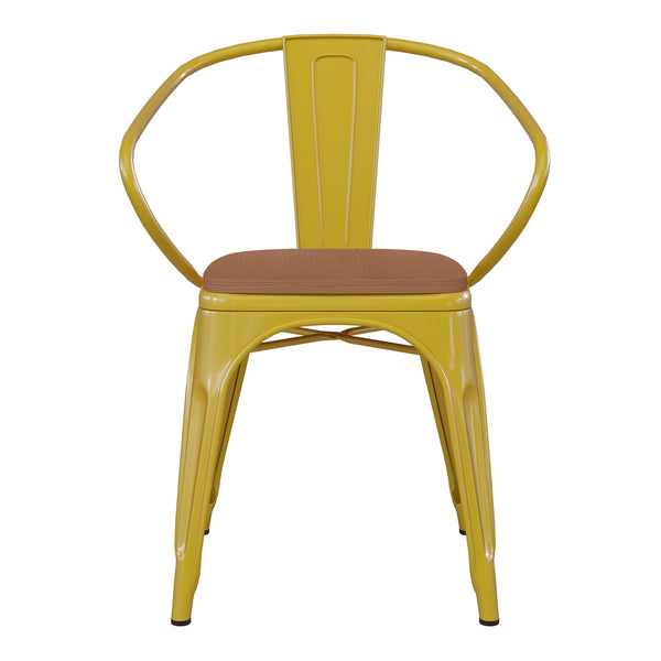 Yellow/Teak |#| All-Weather Metal Stack Chair with Arms and Poly Resin Seat - Yellow/Teak