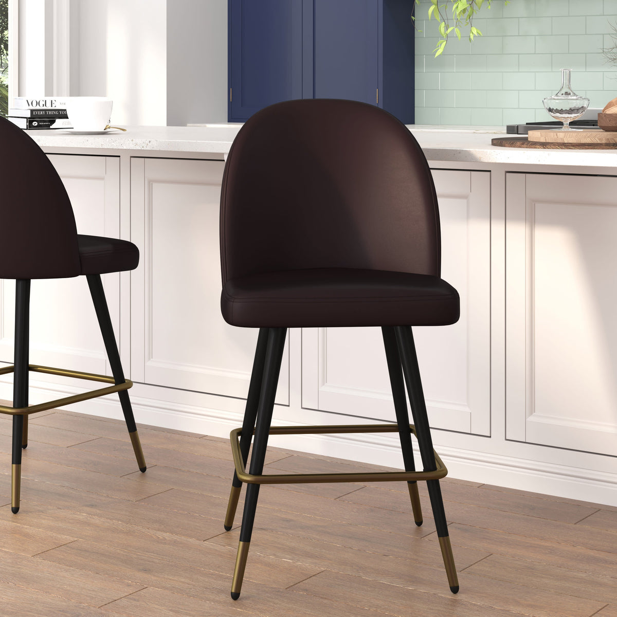 Brown LeatherSoft |#| Commercial Grade 26inch Armless Stools with Contoured Backs in Brown LeatherSoft