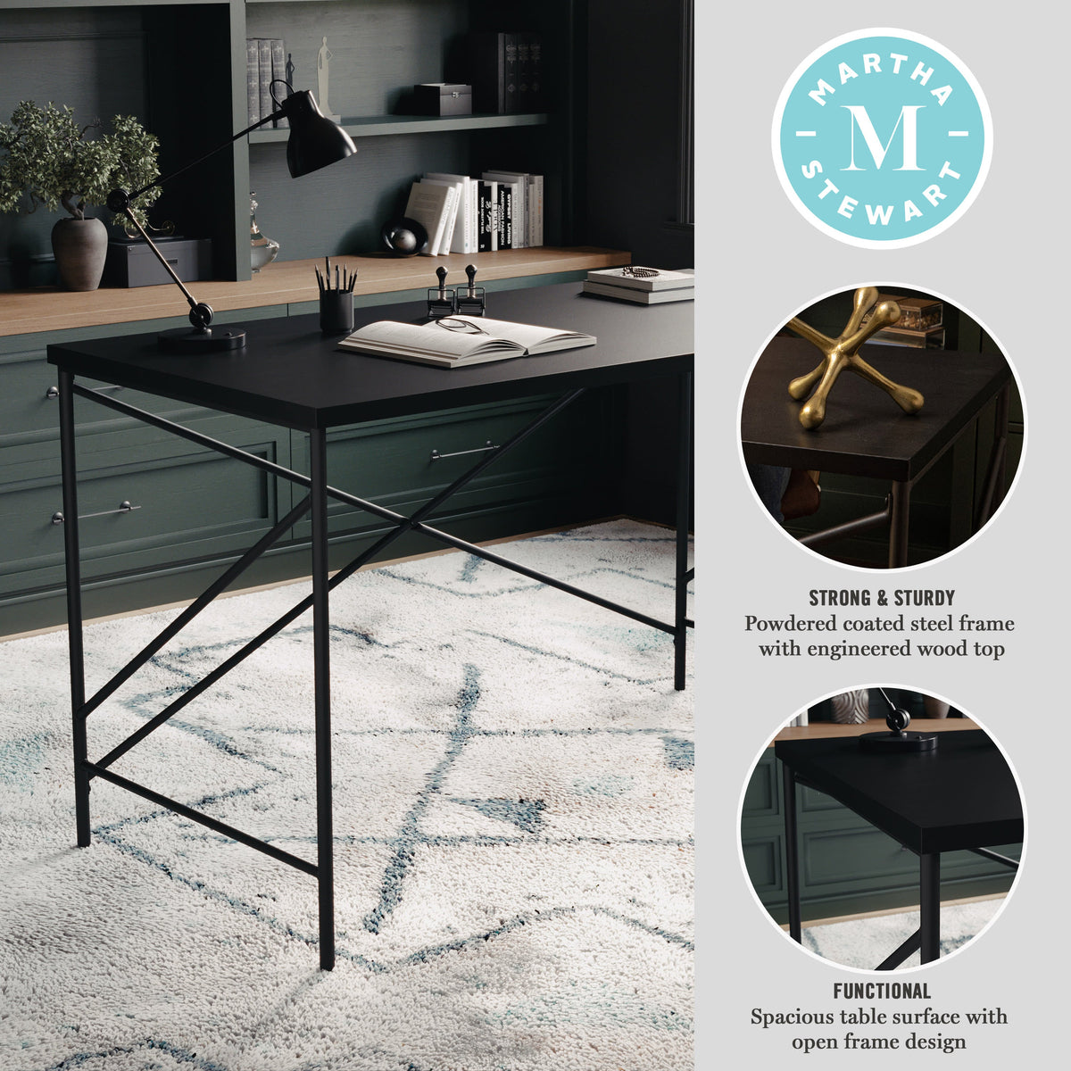 Black Wood Grain Parsons Desk with Oil Rubbed Bronze Metal X-Frame