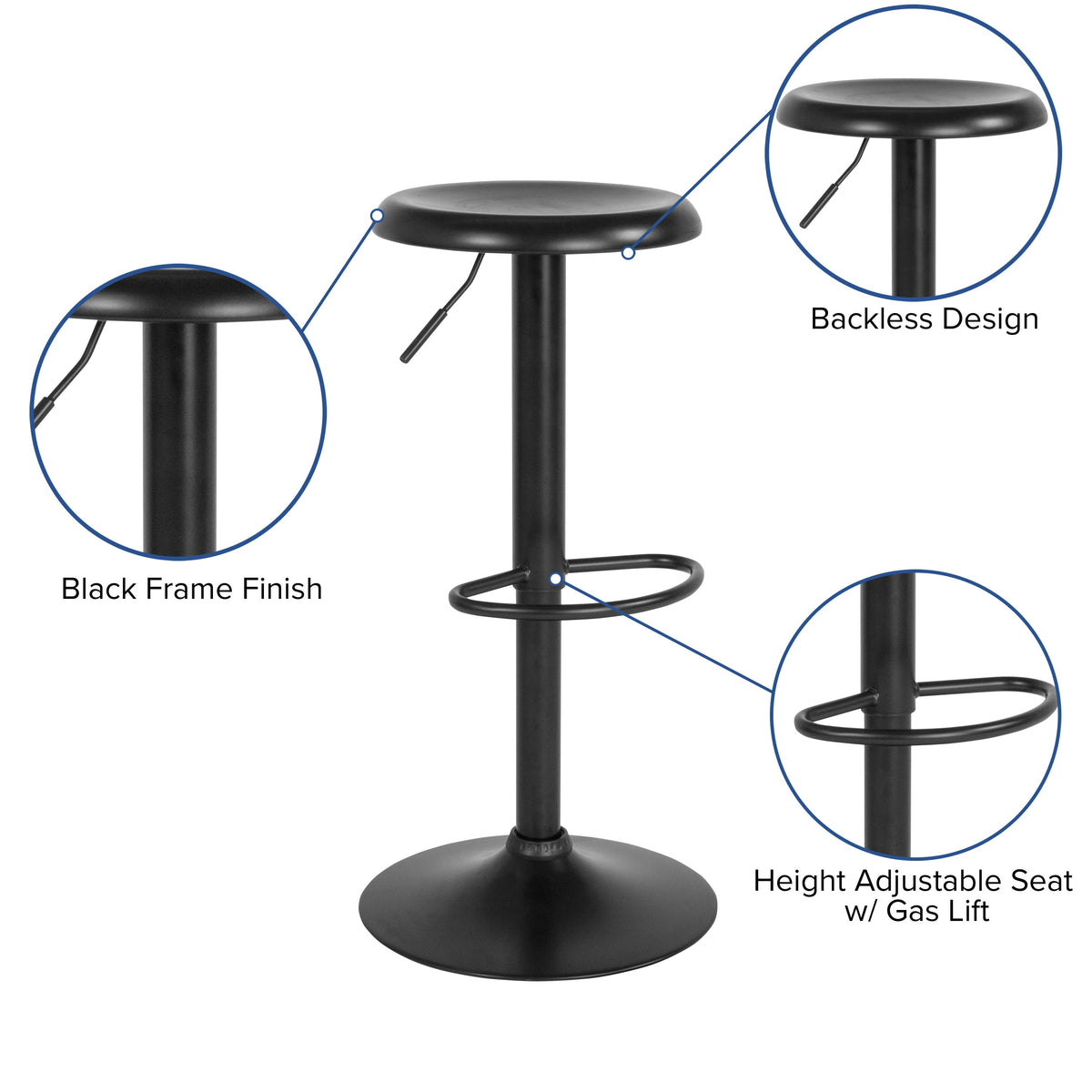 Black |#| Adjustable Height Retro Barstool with Ergonomic Molded Seat in Black Finish