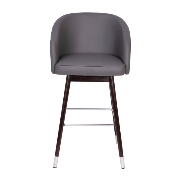 Gray |#| Commercial 30inch Mid-Back Barstool with Wooden Legs - Gray LeatherSoft/Walnut