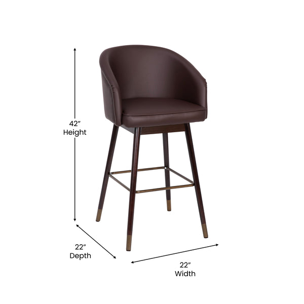 Brown |#| Commercial 30inch Mid-Back Barstool with Wooden Legs - Brown LeatherSoft/Walnut