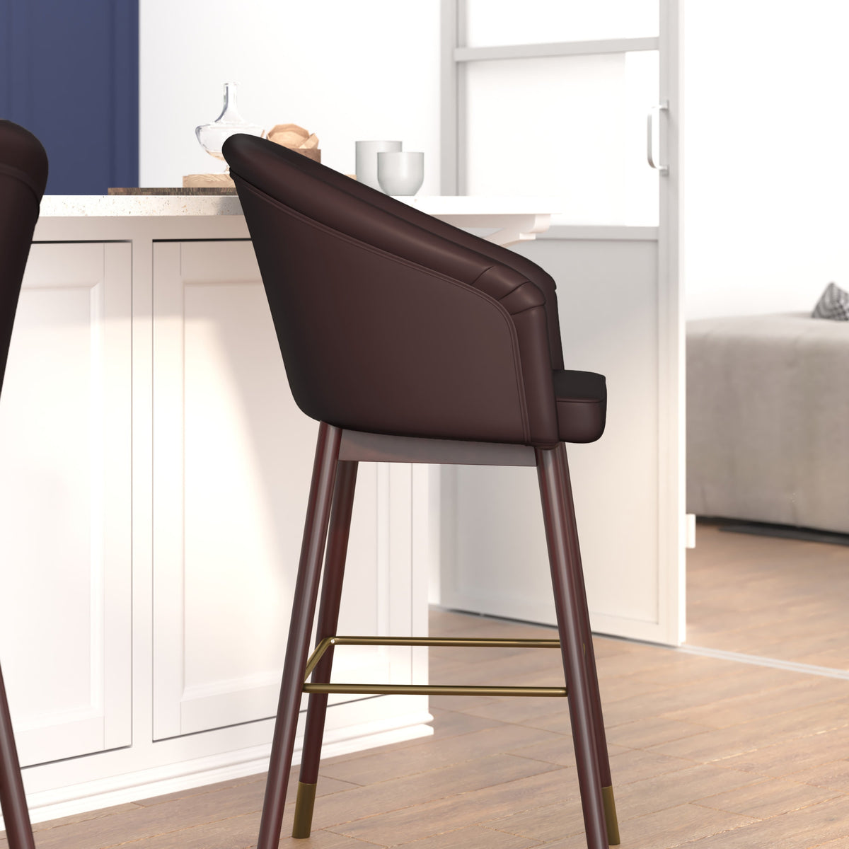 Brown |#| Commercial 30inch Mid-Back Barstool with Wooden Legs - Brown LeatherSoft/Walnut