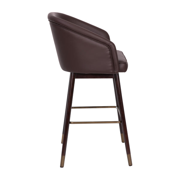 Brown |#| Commercial 30inch Mid-Back Barstool with Wooden Legs - Brown LeatherSoft/Walnut