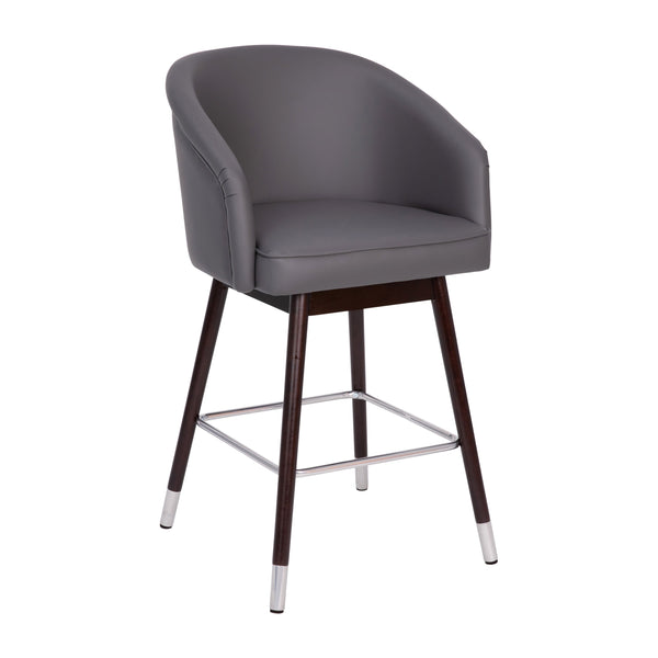 Gray |#| Commercial 26inch Mid-Back Counter Stool with Wood Legs - Gray LeatherSoft/Walnut