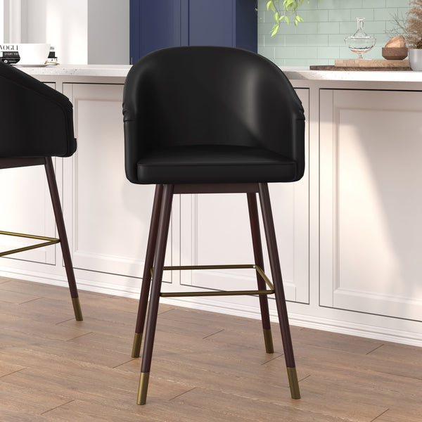 Black |#| Commercial 30inch Mid-Back Barstool with Wooden Legs - Black LeatherSoft/Walnut