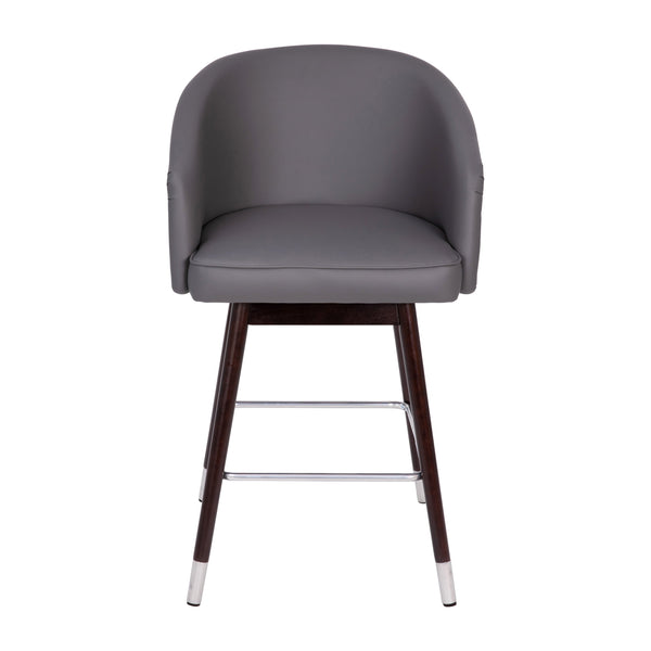 Gray |#| Commercial 26inch Mid-Back Counter Stool with Wood Legs - Gray LeatherSoft/Walnut