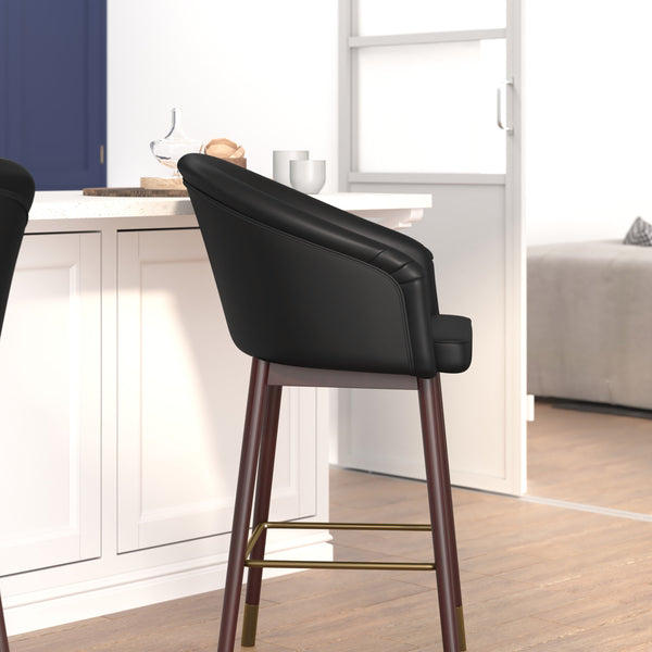 Black |#| Commercial 26inch Mid-Back Counter Stool with Wood Legs - Black LeatherSoft/Walnut