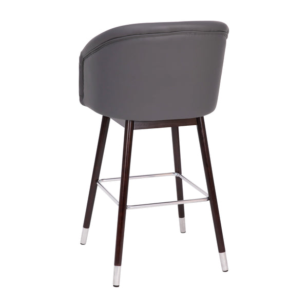 Gray |#| Commercial 30inch Mid-Back Barstool with Wooden Legs - Gray LeatherSoft/Walnut