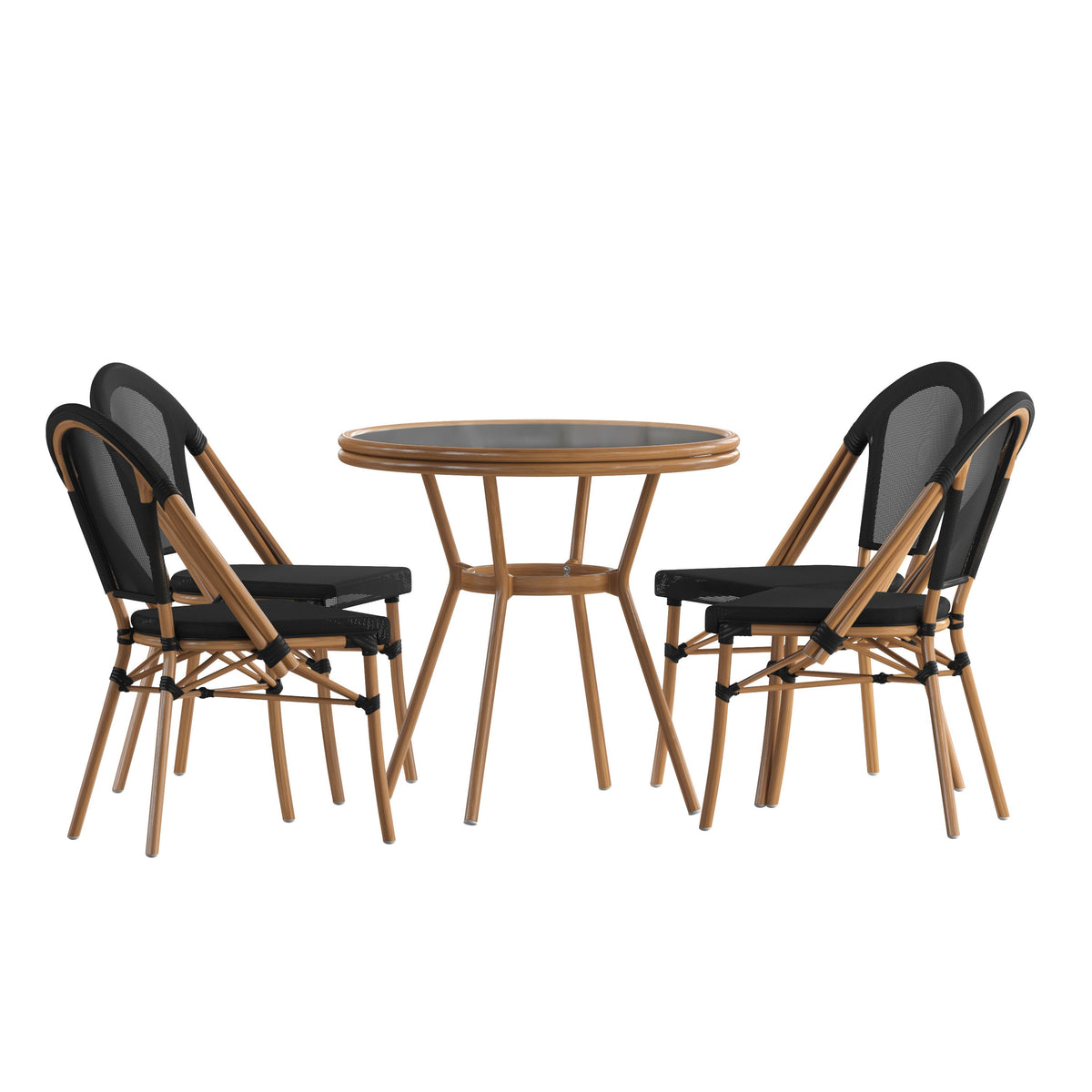 Black Textilene/Natural Frame |#| Indoor/Outdoor Commercial Bistro Set with Table and Four Chairs in Black