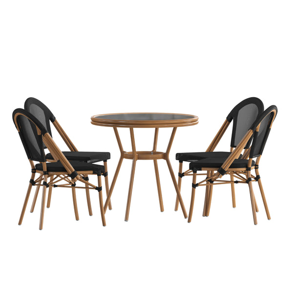 Black Textilene/Natural Frame |#| Indoor/Outdoor Commercial Bistro Set with Table and Four Chairs in Black