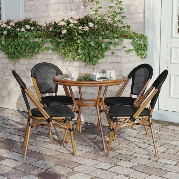 Black Textilene/Natural Frame |#| Indoor/Outdoor Commercial Bistro Set with Table and Four Chairs in Black
