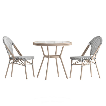 Marseille Indoor/Outdoor Commercial French Bistro 31.5" Table, Textilene, Glass Top with 2 Stack Chairs