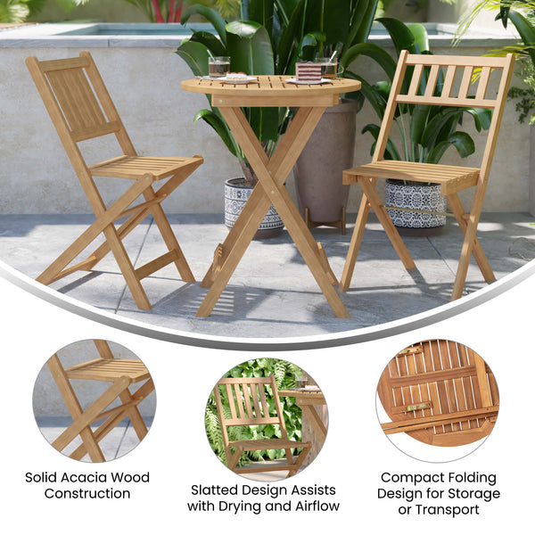 Indoor/Outdoor Acacia Wood Folding Table and 2 Chair Bistro Set in Natural