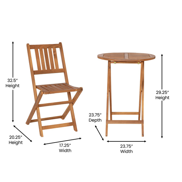 Indoor/Outdoor Acacia Wood Folding Table and 2 Chair Bistro Set in Natural