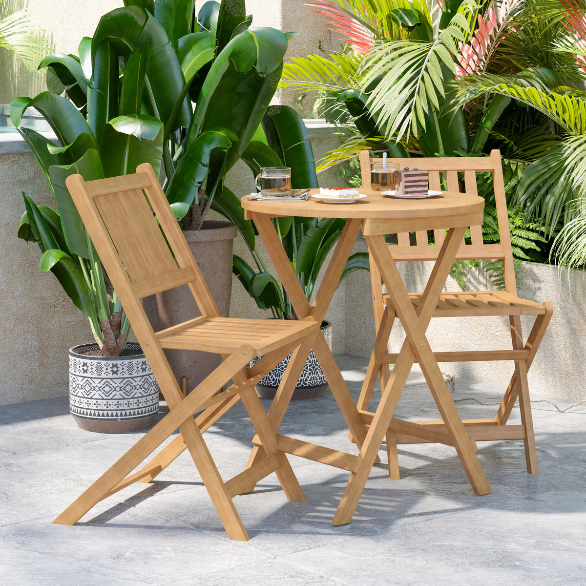 Indoor/Outdoor Acacia Wood Folding Table and 2 Chair Bistro Set in Natural