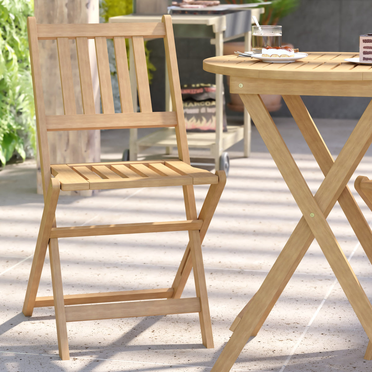 Indoor/Outdoor Acacia Wood Folding Table and 2 Chair Bistro Set in Natural