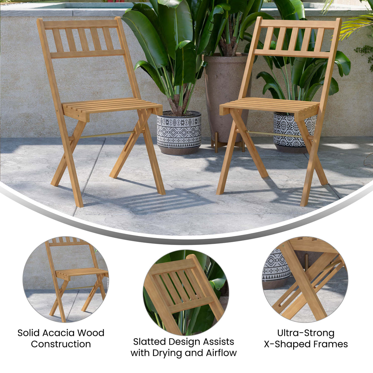 Indoor/Outdoor Solid Acacia Wood Folding Bistro Chairs in Natural - Set of 2