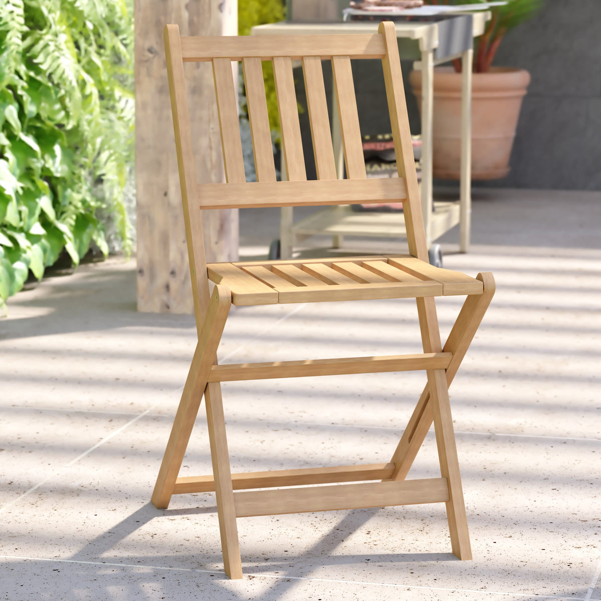 Indoor/Outdoor Solid Acacia Wood Folding Bistro Chairs in Natural - Set of 2