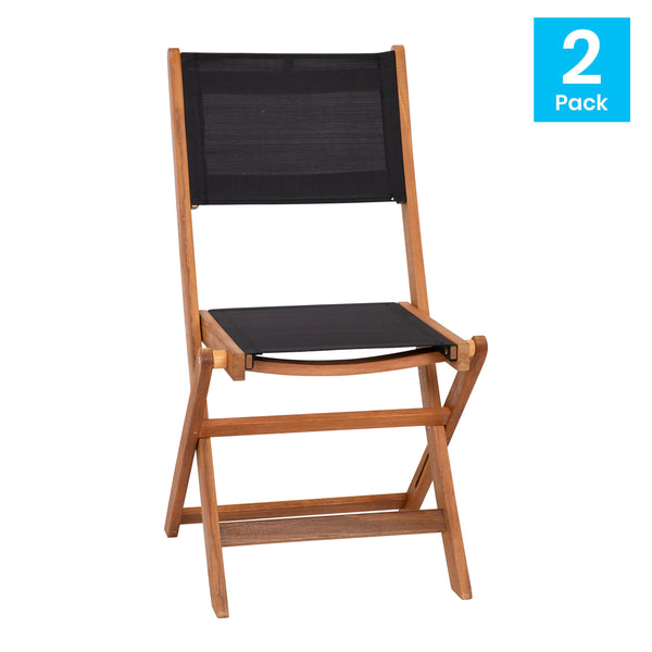 2PK All-Weather Acacia Wood Folding Bistro Chairs-Mesh Back/Seat-Natural/Black