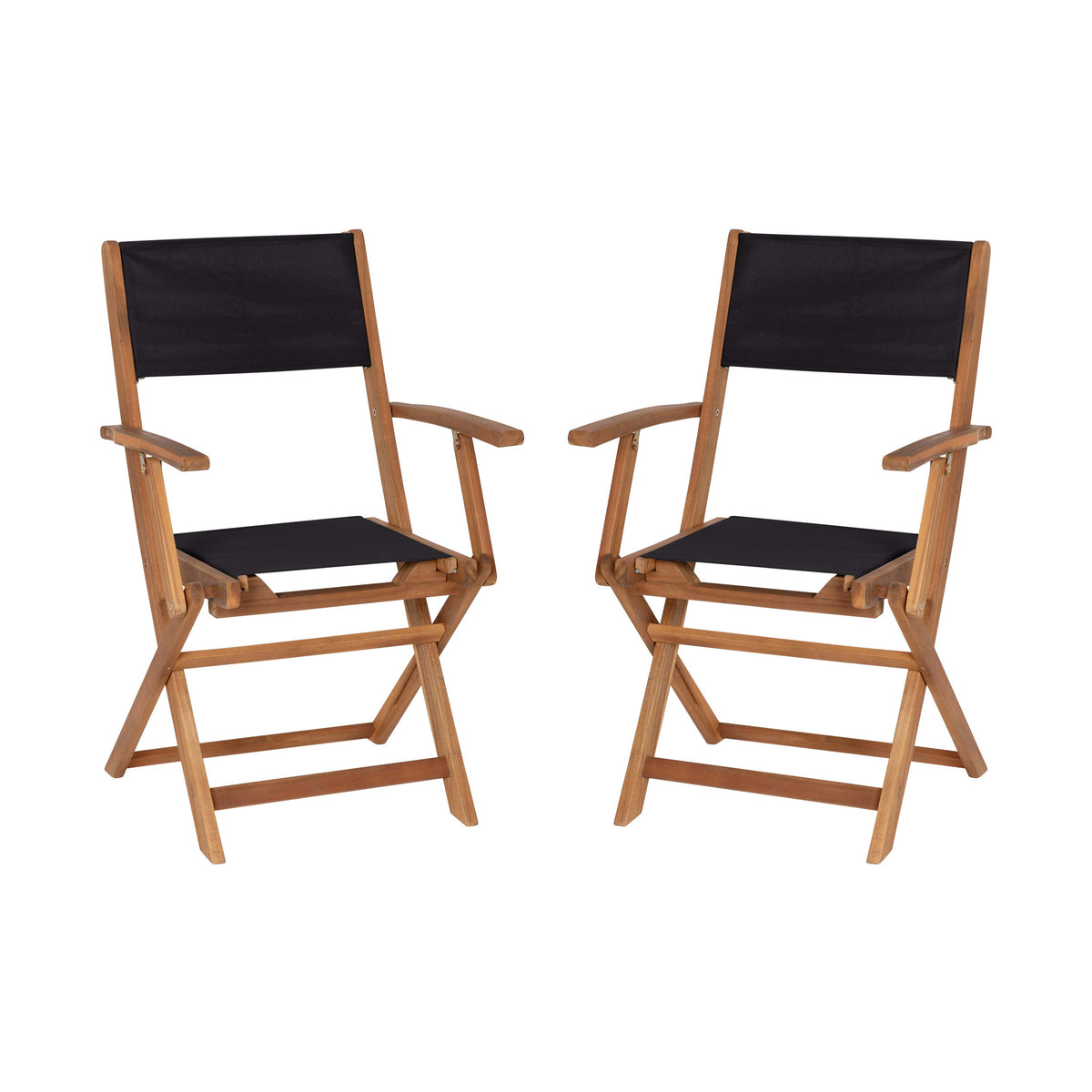 2PK All-Weather Acacia Wood and Mesh Folding Bistro Armchairs - Natural/Black