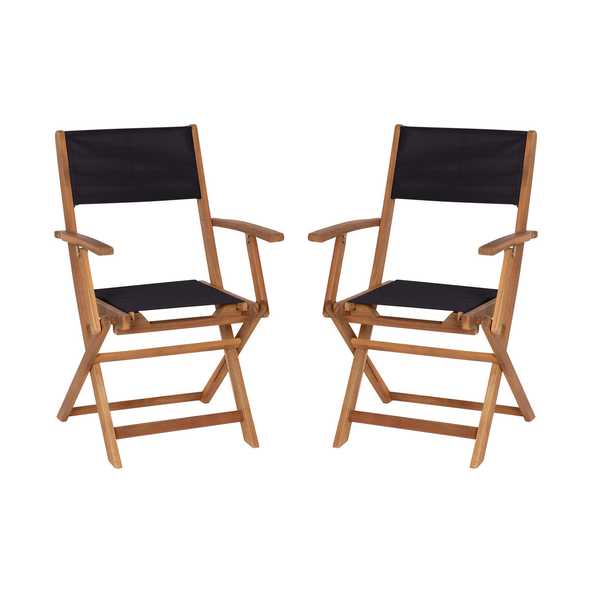 2PK All-Weather Acacia Wood and Mesh Folding Bistro Armchairs - Natural/Black