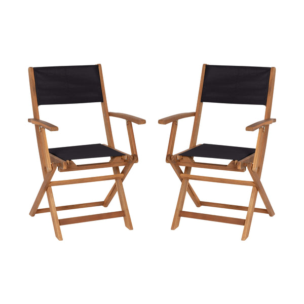 2PK All-Weather Acacia Wood and Mesh Folding Bistro Armchairs - Natural/Black