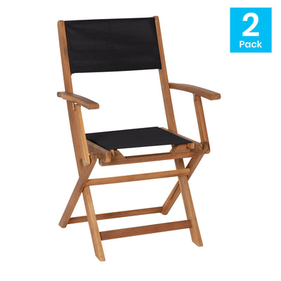 Martindale Indoor/Outdoor Folding Acacia Wood Patio Bistro Chairs with X Base Frame with Arms and Textilene Back and Seat, Set of 2