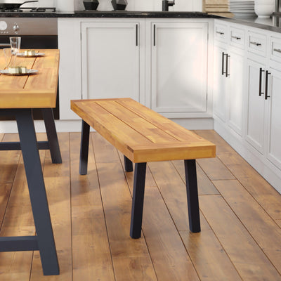 Martindale Solid Acacia Wood Patio Dining Bench for 2 with Slatted Top and Black Flared Wooden Legs - View 2