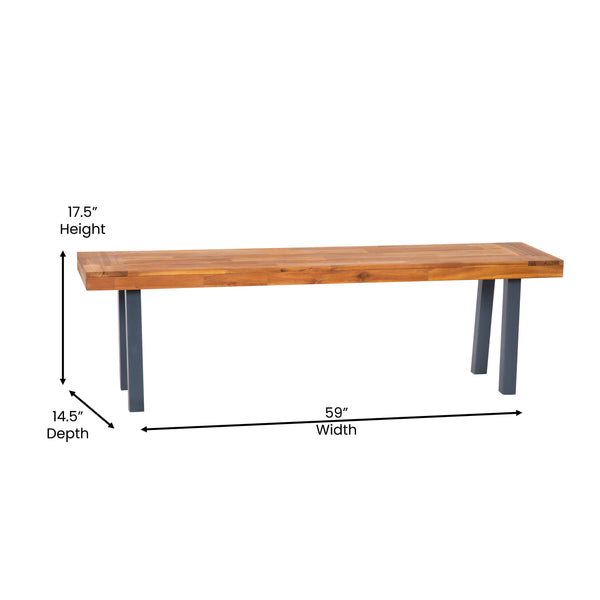 Indoor/Outdoor Solid Acacia Wood Slat Top Bench with Wood Legs - Natural/Black