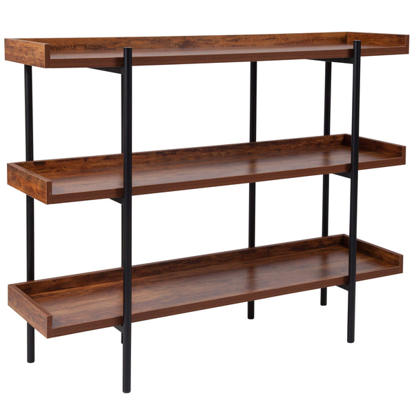 3 Shelf 35inchH Display Unit with Black Metal Frame in Rustic Wood Grain Finish