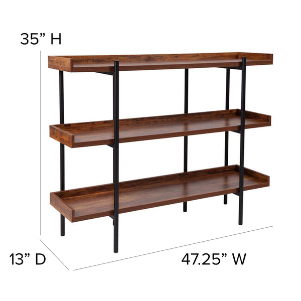 3 Shelf 35inchH Display Unit with Black Metal Frame in Rustic Wood Grain Finish