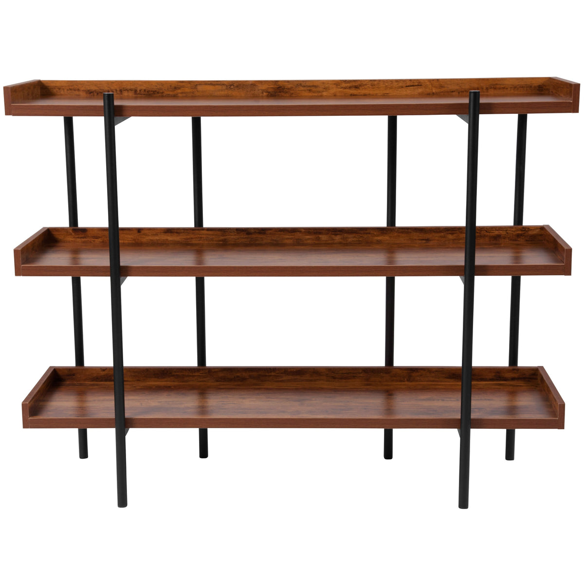 3 Shelf 35inchH Display Unit with Black Metal Frame in Rustic Wood Grain Finish