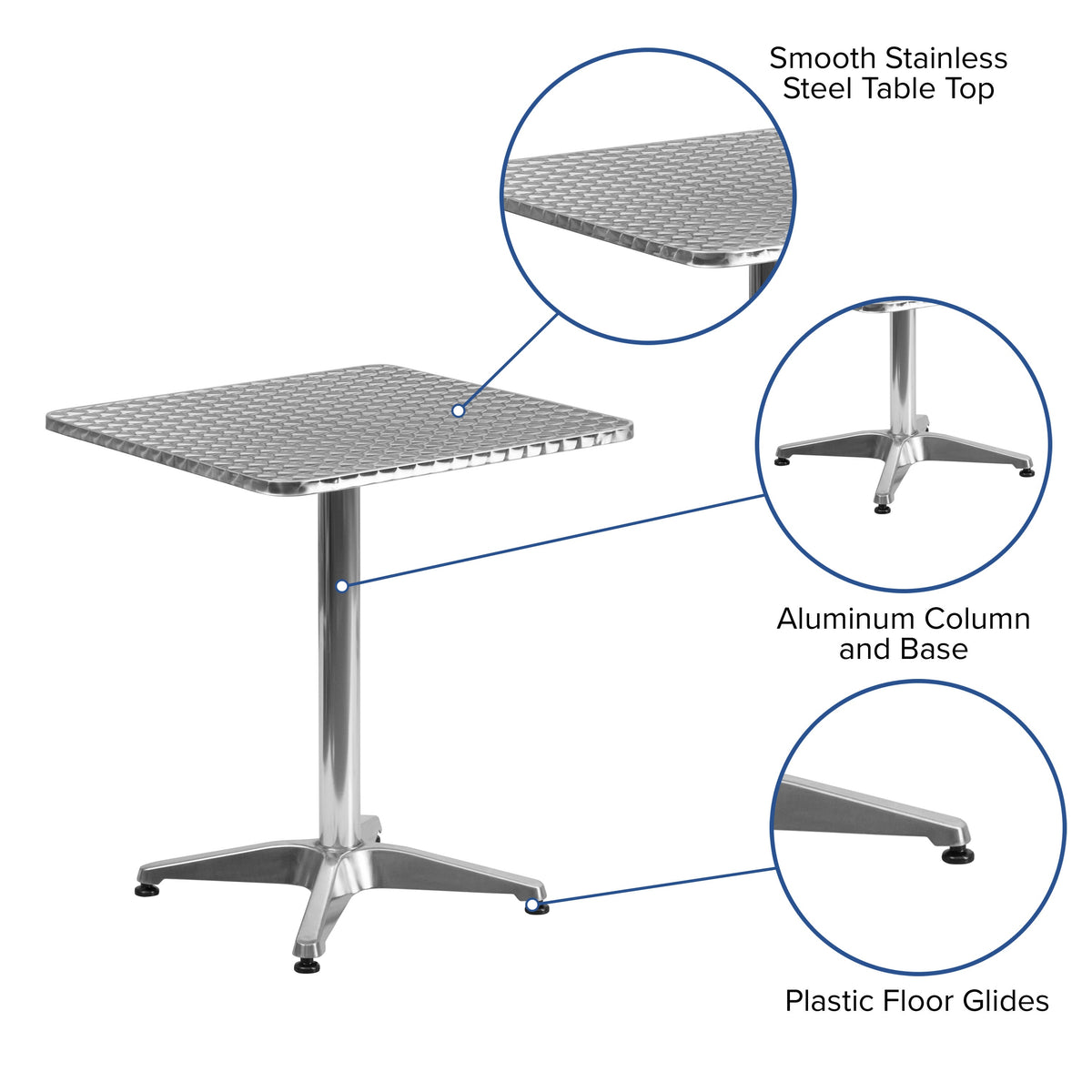 Aluminum |#| 23.5inch Square Aluminum Smooth Top Indoor-Outdoor Table with Base