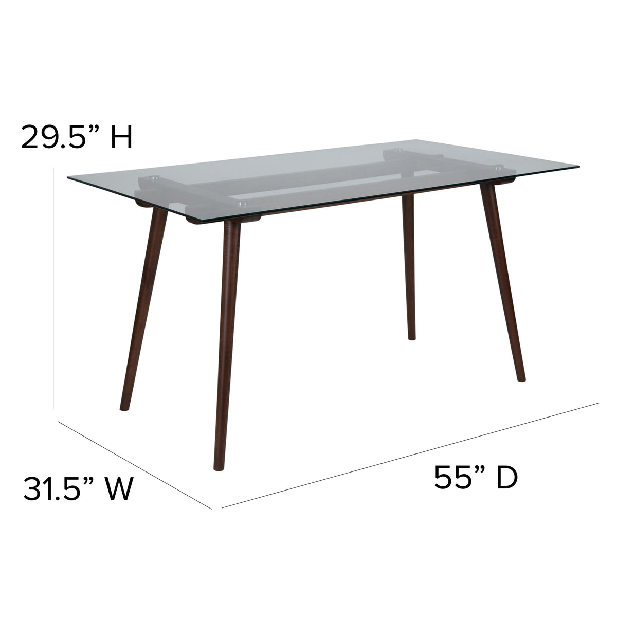 Clear Top/Walnut Frame |#| 31.5inch x 55inch Rectangular Solid Walnut Wood Table with Clear Glass Top