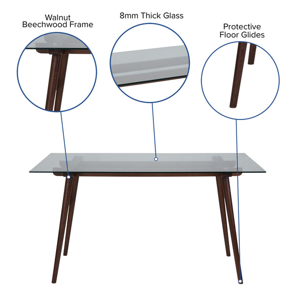 Clear Top/Walnut Frame |#| 31.5inch x 55inch Rectangular Solid Walnut Wood Table with Clear Glass Top