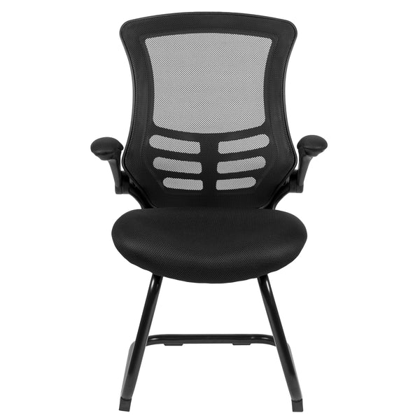 Black Mesh |#| Black Mesh Sled Base Side Reception Chair with Flip-Up Arms-Office Waiting Room