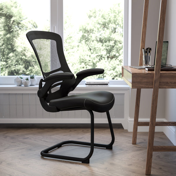 Black LeatherSoft/Mesh |#| Black Mesh Sled Base Side Reception Chair with LeatherSoft Seat and Flip-Up Arms